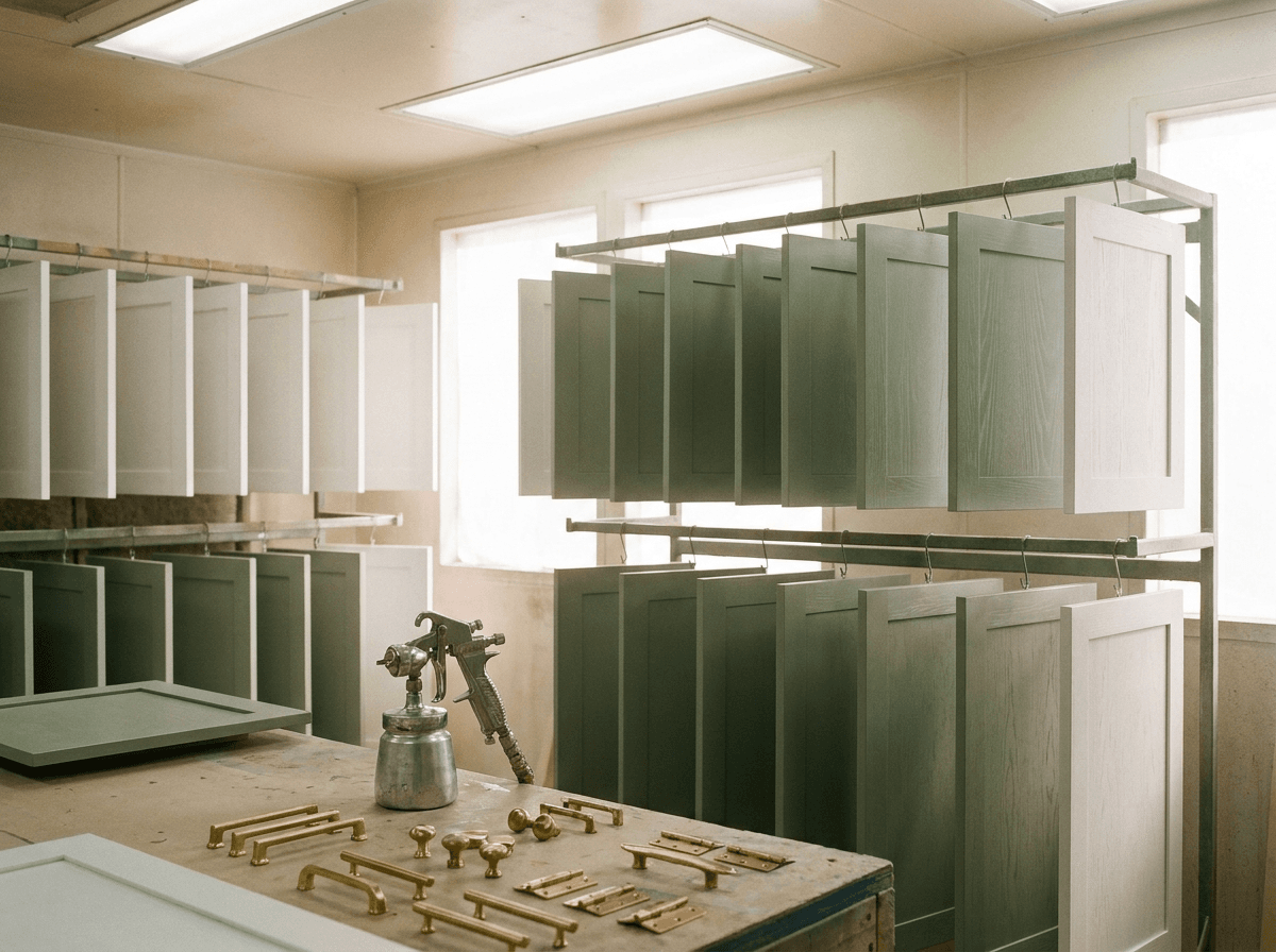 Hand-finished custom cabinet doors drying in the spray booth